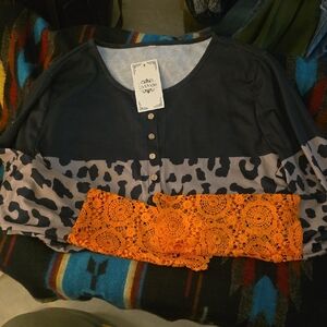 Black and Orange Leopard Button Down Shirt